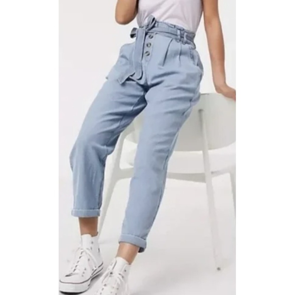 American Eagle Jeans Denim Paper Bag Mom Light Wash High‎ Waisted Tie Belt Small